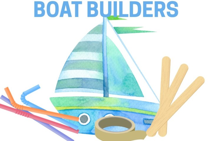 Watercolor sailboat with straws, tape, and craft sticks; text reads 'Boat Builders'.