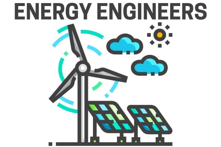 Energy Engineers text with wind turbine, solar panels, clouds, and sun icons.