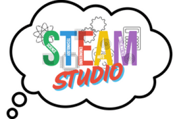 STEAM Studio logo in a thought bubble with colorful letters and icons.