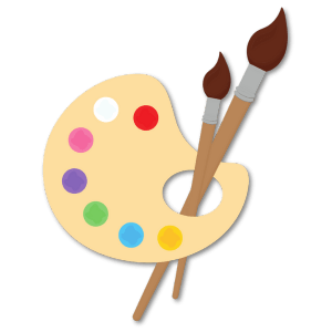 Interactive Workshops (1) Artist palette with colorful paints and two brushes.