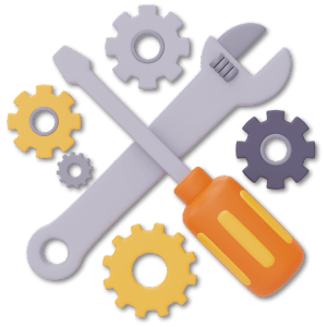 Interactive Workshops Illustration of wrench and screwdriver with gears.