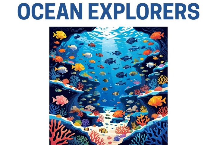 Colorful ocean scene with diverse fish and coral, titled 'Ocean Explorers' at the top.