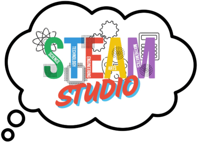 Colorful STEAM Studio logo inside a thought bubble.